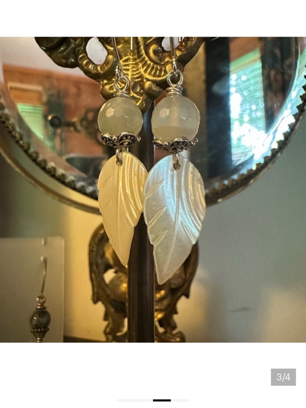 Handcrafted Mother of Pearl Leaf Earrings w Sterling Bead Caps & Wire hooks